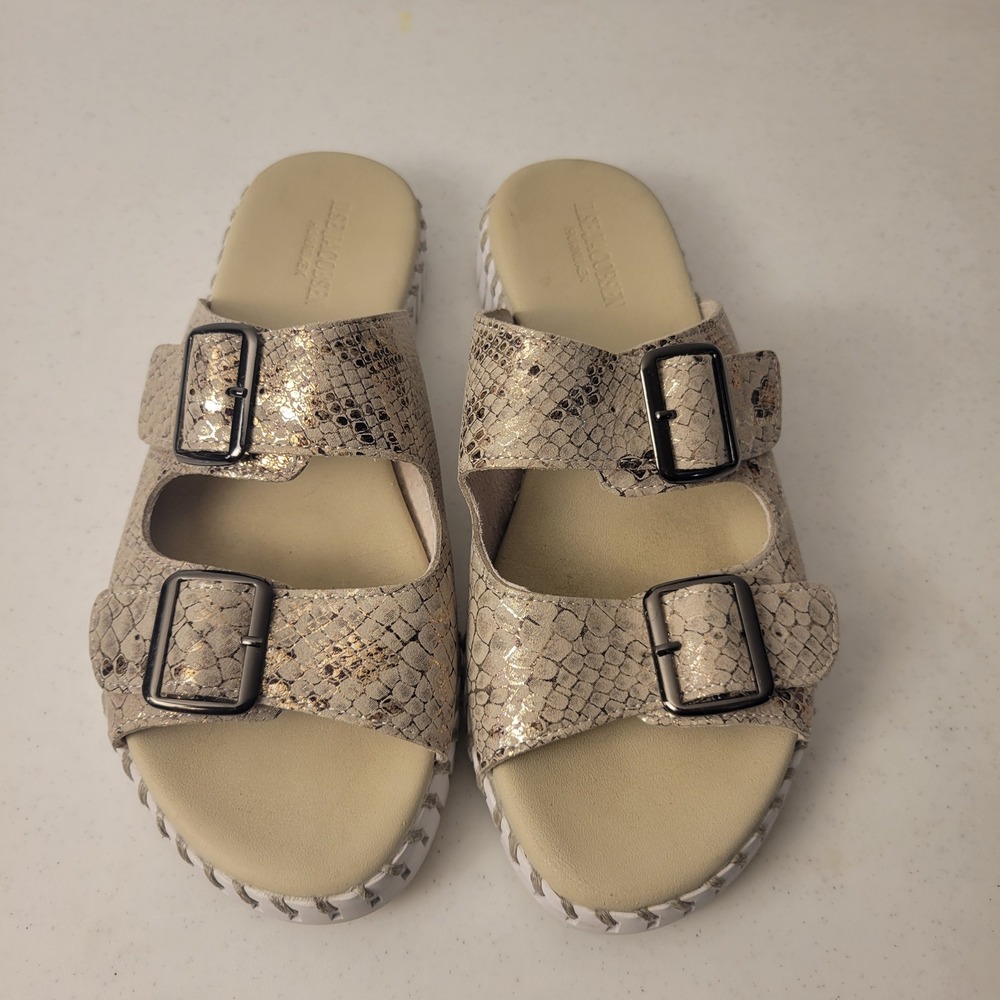 Ilse Jacobsen Tulip Sandal Women 37 US 6.5/7 Beige Snakeskin Metallic Buckle